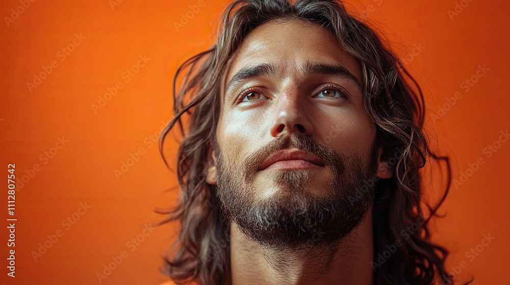 Aufkleber jesus christ in front of an orange background with space for your text