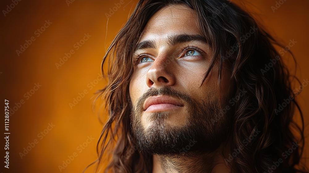 Poster jesus christ in front of an orange background with space for your text