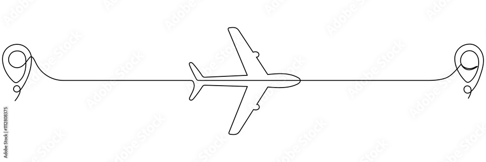 Wall mural airplane continuous line drawing with map pin pointer. airplane flying with start point route. trave
