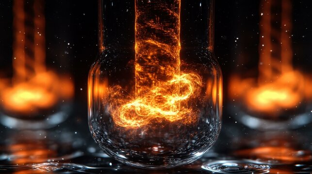 Energy Vortex Animation. Glowing fiery spiral inside glass jar, abstract energy vortex with dark background for science, technology, fantasy themes, modern digital art, intense bright orange and blac