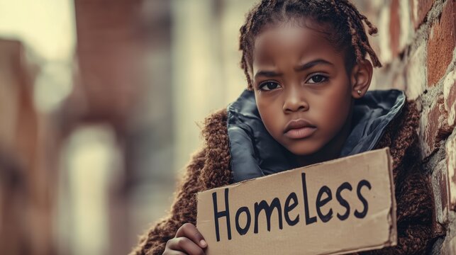 Homeless african american child holding sign reflecting poverty and urban struggles
