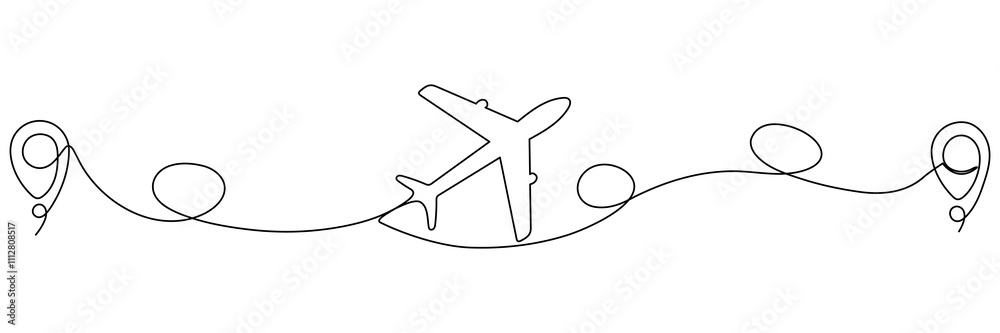 Wall mural airplane continuous line drawing with map pin pointer. airplane flying with start point route. trave