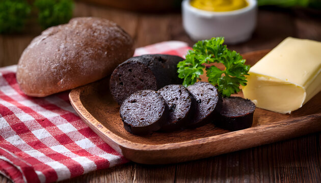 r&ouml;ggelchen, mit, blutwurst, und, senf, roggen, fl&ouml;nz, br&ouml;tchen, essen, k&ouml;ln, k&ouml;lsche, kaviar, neu, blut, wurst, butter, st&uuml;ck, rot, wei&szlig;, kariert, close up, tuch, traditionell, holz, h&ouml;lzern, k&ouml;lner, 