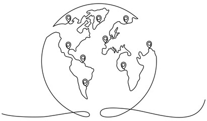 Earth globe with location markers continuous line drawing. Pointer symbols on world map. Journey and travel concept. Vector illustration isolated on white.