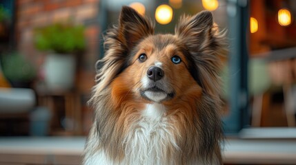 Naklejka premium A fluffy dog with heterochromia iridum sits outdoors, looking attentively at something.