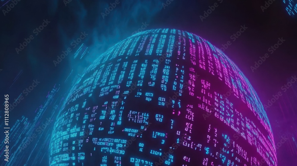 Wall mural futuristic digital globe with neon binary code