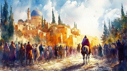 Obraz premium jesus entering in jerusalem on a donkey welcomed by the crowd palm sunday watercolor biblical illustration