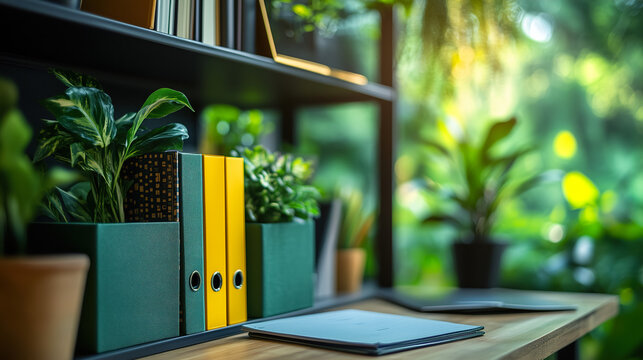 Office workspace with plants and organized folders in a bright, natural light environment. Generative AI