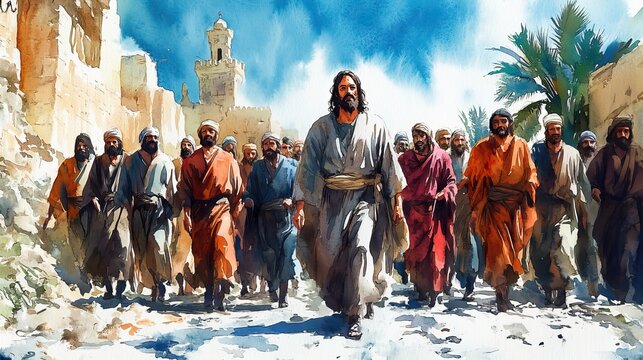 jesus entering in jerusalem palm sunday new testament watercolor biblical illustration