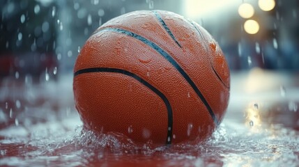Rainy Game Action. Close-up basketball on wet court with raindrops splashing, perfect for sports, outdoor activities, rainy weather themes, background for athletic events, dynamic action shot in natu