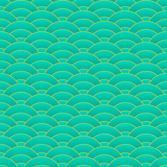 Teal green wavy seamless pattern. Background with rounds. Fish squama, dragon scale or outline circles. Geometric ornament