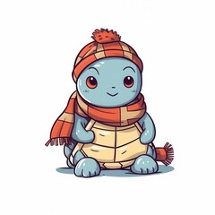 Obraz premium A cute cartoon turtle with big eyes, wearing an orange and plaid winter hat and scarf.