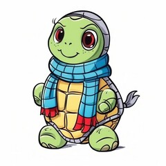 Fototapeta premium A cute cartoon turtle wearing a cozy knitted scarf, portrayed in vibrant colors, exuding a cheerful and playful vibe.