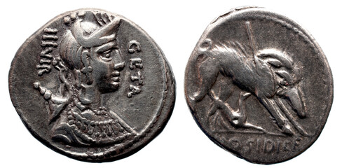 República Romana C. Hosidius C. f. Geta AR Denário. Roma, 68 a.C.