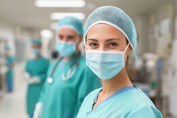 Healthcare professionals wearing masks in a hospital setting during work hours