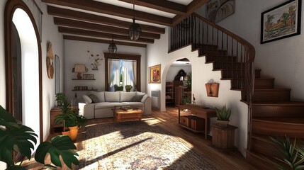 Fototapeta premium Sunlit Mediterranean Style Home Interior Design with Wooden Staircase and Plants