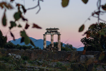 ancient Greek temple classic column building travel heritage life style romantic sunset picturesque nature highland environment space of south Europe Mediterranean region