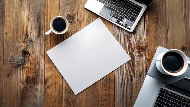 Blank notebook and coffee on a wooden desk with a laptop, pen, and other office items