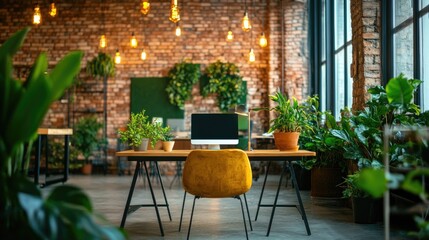 Obraz premium A desk surrounded by green potted plants in an office designed to promote sustainability and creative work.