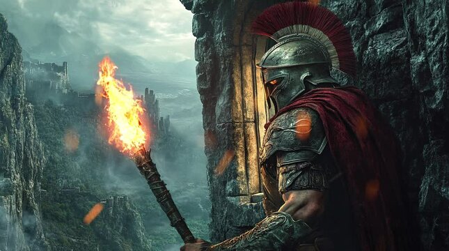 Medieval knight holding a fire torch by a castle window, dramatic lighting ambiance  
Seamless looping 4k time-lapse virtual video animation Generated AI