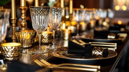 Opulent art deco table setting with geometric patterns, golden candleholders, and black satin napkins for a Gatsby theme