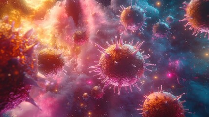 A menacing virus with glowing spikes floating in a vibrant microscopic environment, symbolizing a health threat.