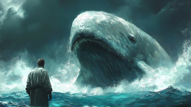 jonah and the whale sketch of a man looking at the whale in the ocean digital illustration