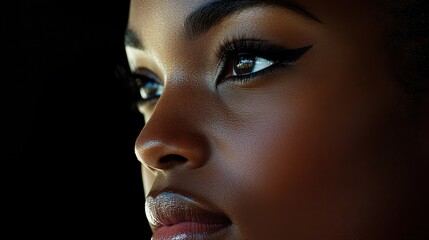 Closeup Portrait of a Black Woman with Dramatic Makeup and Intense Gaze,  Studio Lighting Highlighting Facial Features and Skin Tone