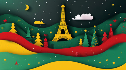 Ai Generated Abstract Paper Cut Illustration of Eiffel Tower Festive Christmas Decorated Paris City in Blue Red and Yellow Colors