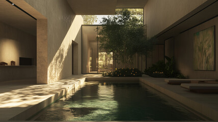 Tranquil Retreat: Inviting Home with a Central Pool - Generative Ai