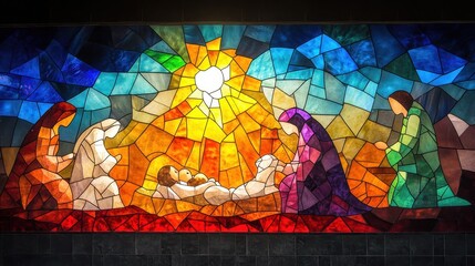 Vibrant stained-glass interpretation of the nativity scene with radiant light and rich colors