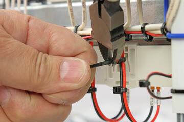 Cutting plastic ties on insulated wires with a tool.