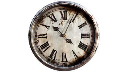 Round vintage clock with Roman numerals and metallic frame, isolated on white, cut out