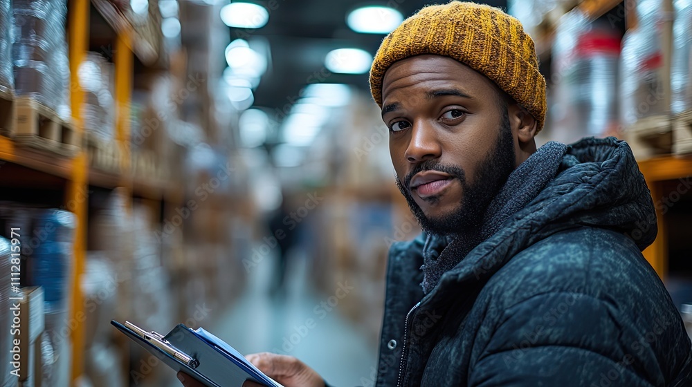 Poster logistics supervisor carrying a clipboard and a barcode scanner and appearing thoughtful in a sizabl