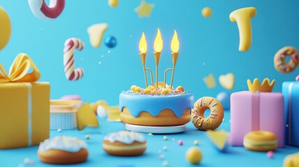 Delightful Birthday Celebration: A 3D Rendered Cake with Three Candles, Surrounded by Gifts and Donuts