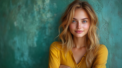 Fototapeta premium Young woman with long blonde hair smiles warmly against a textured green background in natural light. Generative AI