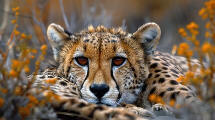 Fototapeta premium Close-up of a cheetah resting amidst yellow flowers.