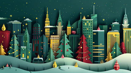 Ai Generated Paper Cut Illustration of Festive Decorated New York City in Green Red and Yellow Colors