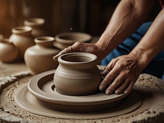 A skilled potter working with clay on a pottery wheel, crafting a handmade ceramic piece with traditional techniques.
