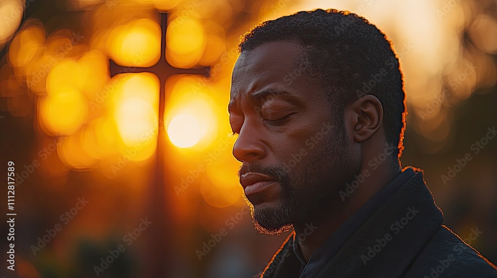 Poster man praying in front of a cross with copy space