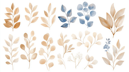 Obraz premium Delicate Floral Watercolor Designs in Serene Blue and Beige for Elegant Decor