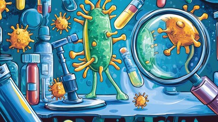 Fierce cartoon bacteria in a sci-fi battle pose, surrounded by magnified medical equipment illustrations.