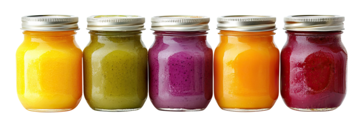 Set of five colorful baby food jars in a row, isolated on a transparent cutout background.
