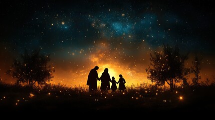 merry christmas and happy new year card with holy family silhouette
