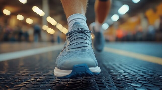 Running Shoe Workout. Close-up of sneaker running on gym treadmill fitness workout training healthy lifestyle concept background suitable for sports promotions advertising and motivational content in