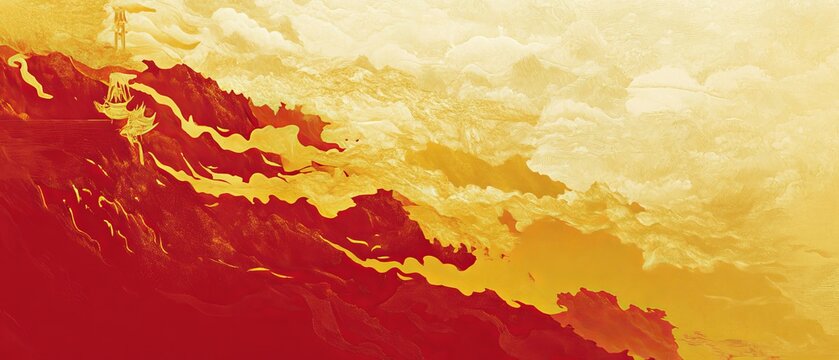Chinese New Year A painting of a red and yellow sky with clouds