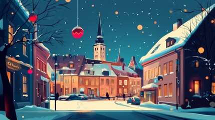 Naklejka premium Vintage Christmas Greeting Card Design with Snowflakes, Red Tree, and Glowing Holiday Lights