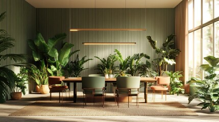 Fototapeta premium Indoor plants surround a meeting table in a modern office, highlighting eco-friendly and team-oriented workspaces.