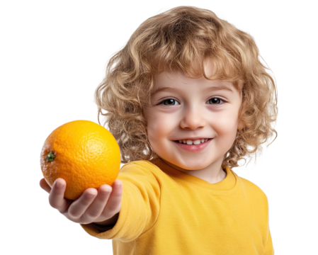 Smiling child holding a fresh orange in hand, isolated on transparent cutout background
