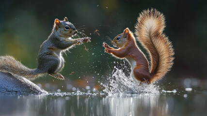 Squirrels Engage in a Fierce Battle Amidst Splashes in a Serene Woodland Pond